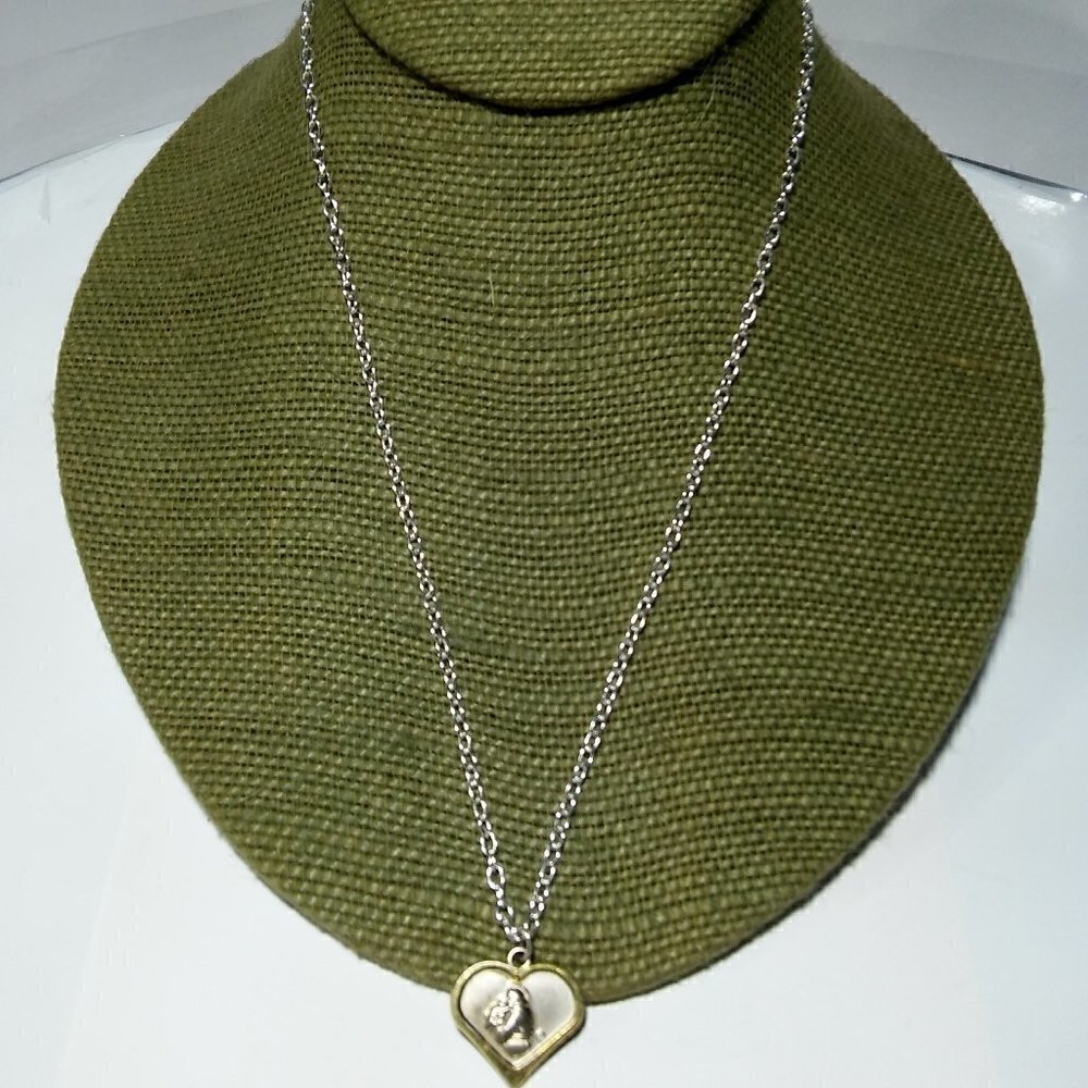 Women`s silver/gold tone saint necklace.